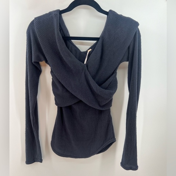 Free People Marley cross front long sleeve ribbed sweater top navy blue s small - Picture 5 of 8